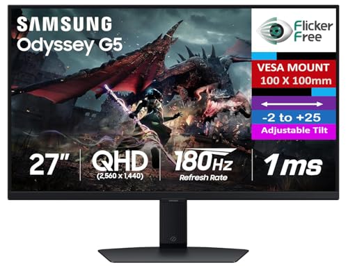 Samsung Odyssey G50D 27' QHD IPS Monitor with AMD Free Sync, 1ms Response Time, Flicker Free, VESA Mount (100mm), Displayport, HDMI, Black Color (LS27DG500ENXZA) (Renewed)