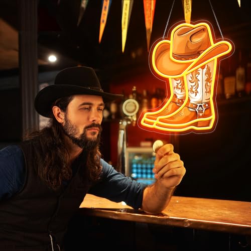 Image of Cowboy Boot with Hat Neon Signs for Wall Decor, Western Cowboy LED Sign Light Up, Dimmable Neon Light for Game Room Man Cave Bedroom Bar Party Birthday Gifts