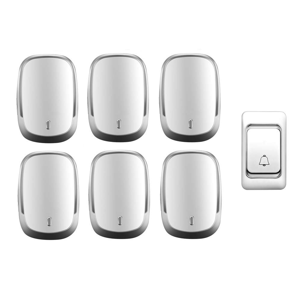 Campanello Wireless Impermeabile IP44, Kit Campanello per Porta a Distanza Ultra Lunga per la casa, 1 Pulsante + 6 ricevitori, 36 suonerie, 4 Livelli di Volume, Bianco,Bianco
