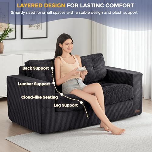 Image of MAXYOYO Loveseat Sofa Couch, Upholstered Bean Bag Chair Cloud Seat for Adults, Boneless Couch with Cushion & Pillows, Sofa in A Box, No Assembly Required, Corded Black, 2-Seat