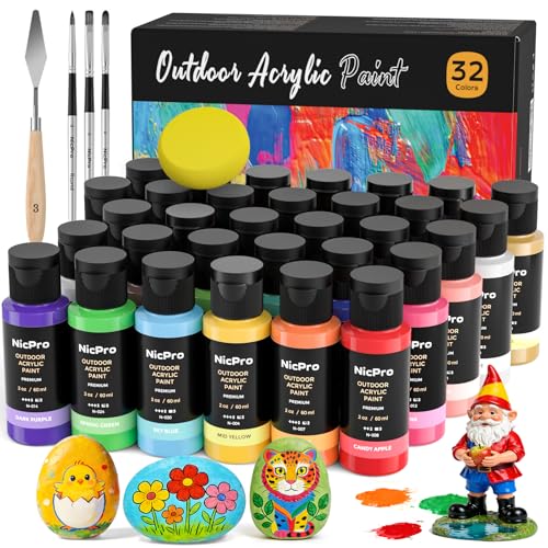 Nicpro 32 Colors Outdoor Acrylic Paint Bulk with Brush and Sponge, Knife, Non-Toxic Paint for...