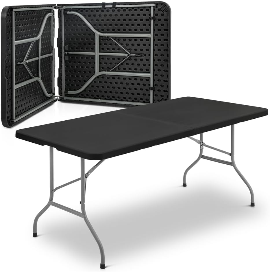 6ft Black Portable Foldable Plastic Card Table w/Handle Fold in Half Picnic Desk