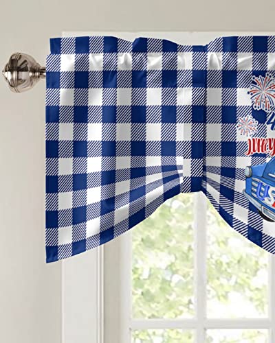 Tie Up Valance For Kitchen,4Th Of July Blue Truck Plaid Us Flag Stars Window Valances Rod Pocket Short Curtains,Adjustable Tie-Up Shade Valance,Car Fireworks Window Treatment For Bedroom 42X12In #TOP2