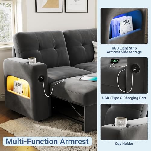 GarveeHome 84 Inch Sleeper Sofa Bed, L-Shaped Sofa, Convertible Pull Out Couch Bed with Storage, Charging Station, LED Lights, Modern Sectional Sofa for Living Room, Apartment, Velvet, Dark Grey - Image 4