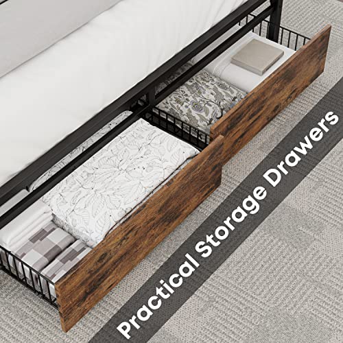 Likimio Full Size Bed Frame With Storage Drawers, Platform Bed With Headboard And Charging Station, No Box Spring Needed, Easy Assembly, Vintage Brown #TOP4