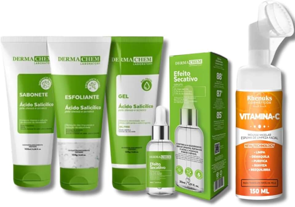 Kit Skincare Anti Oleosidade e Acne Sabonete + Esfoliante + Gel Hidratante + Sérum Secativo anti espinhas 30ml + Mousse Limpeza Facial Vitamina C 150ml - 5 ITENS
