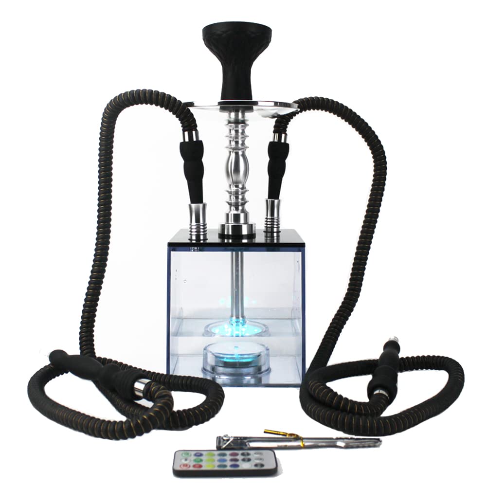 Hookah, juego de cachimba de acrílico con micro cubo LED – Incluye 2 mangueras – 16 fascinantes ajustes de color estático – Divertido kit de narguiles para adultos – hogar, bares, clubes, bodas,