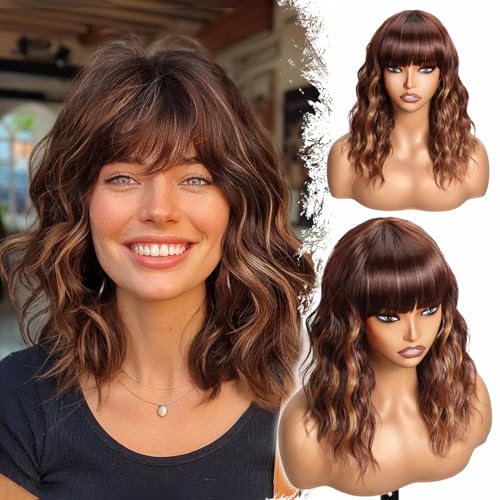 Aiivna Short Wavy Bob Wig with Bangs Caramel Reddish Brown Curly Hair Wigs for Women Realistic Shoulder Length Style Synthetic Heat Resistant Wig for Everyday Hairstyle 16 Inch