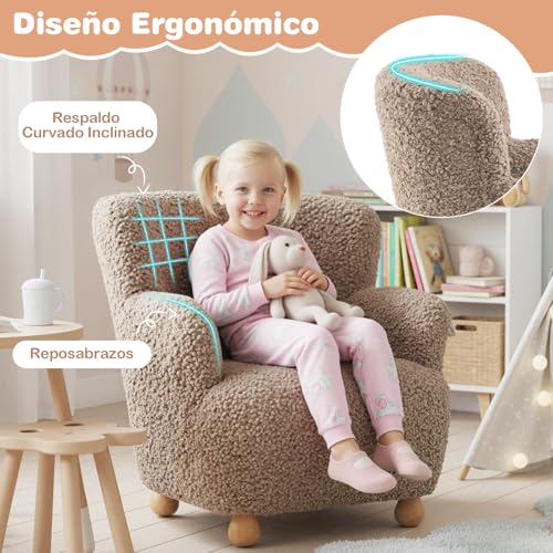 COSTWAY Sofá Sherpa para Niños, Sillón Cómodo con Patas de Madera de Caucho Macizo, Sillón Tapizado para Lectura Infantil, Mobiliario Infantil para Dormitorio, Sala de Juegos y Guardería - imagen 4