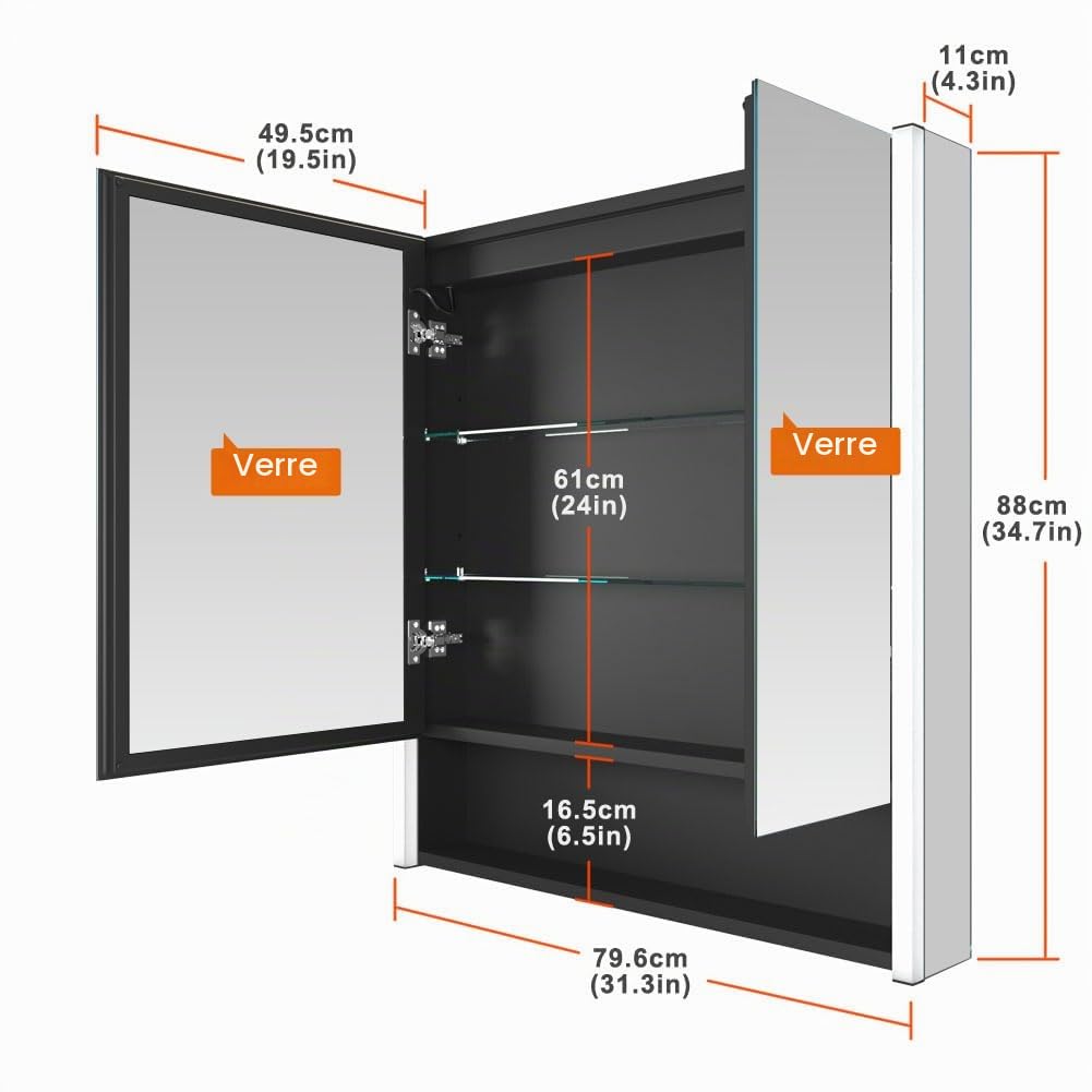 KWW LED éclairage Salle de Bains Armoire à Pharmacie avec Miroir, Température de Couleur réGlable, Anti - Buée Gradateur, Prise et USB, Armoire à Pharmacie Miroir Mural (2 portes-80×70)