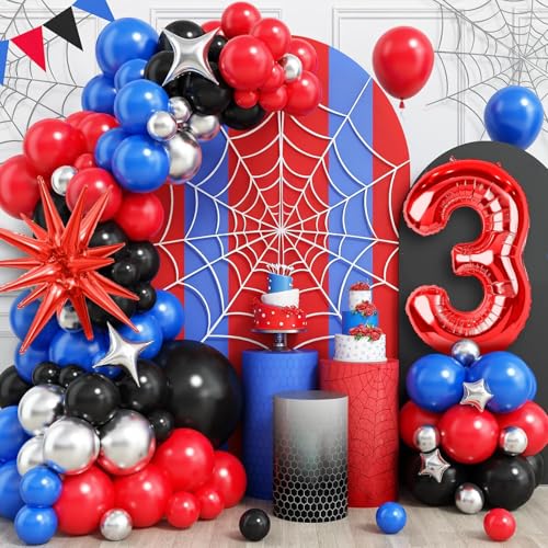Decoração de aniversário criança 3 anos, vermelho azul preto balões kit, kit arco balões cor preto vermelho azul, 3 aniversários crianças vermelhas, balão pretos vermelhos azuis, para crianças festa