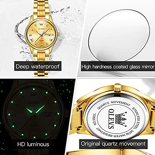 OLEVS Gold Watch for Women with Date Day Stainless Steel Waterproof Small Face Quartz Analog Ladies Watches Fashion Gold Black White Dial Female Wristwatch4