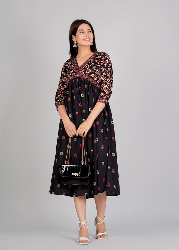 Image of Trendy Printed Anarkali Gown Kurti for Women's Ethnic Wear Gown (Balck)