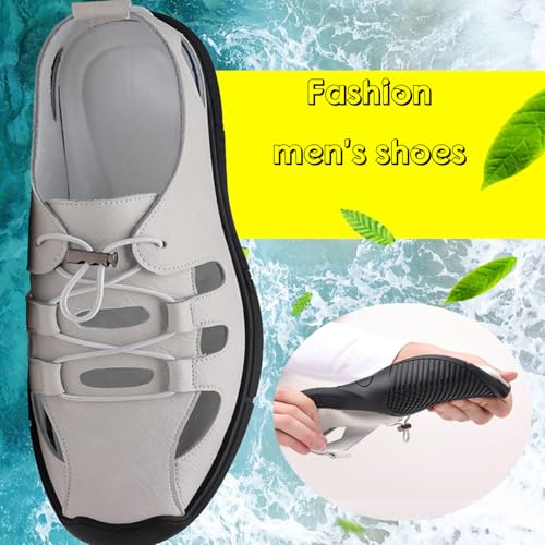 Men's Leather Hollow Casual Sandals with Adjustable Elastic Straps, Comfortable Round Toe Breathable Soft Sole Non-Slip Slip-On Fisherman Sandals for Outdoor Leisure Driving4