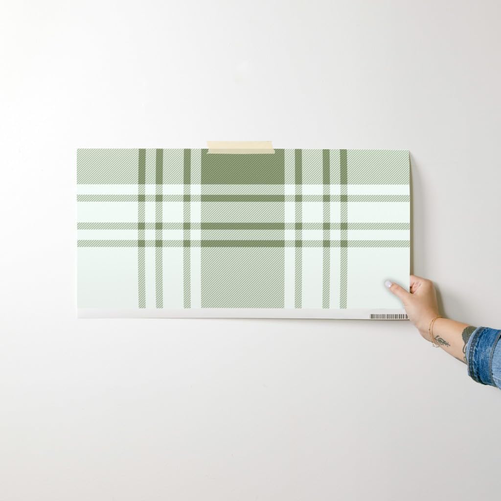 Peel & Stick Wallpaper Swatch - sage Green Plaid,Large Scale,Simple Check,Heritage Classic,Farmhouse Tartan Custom Removable Wallpaper by Spoonflower