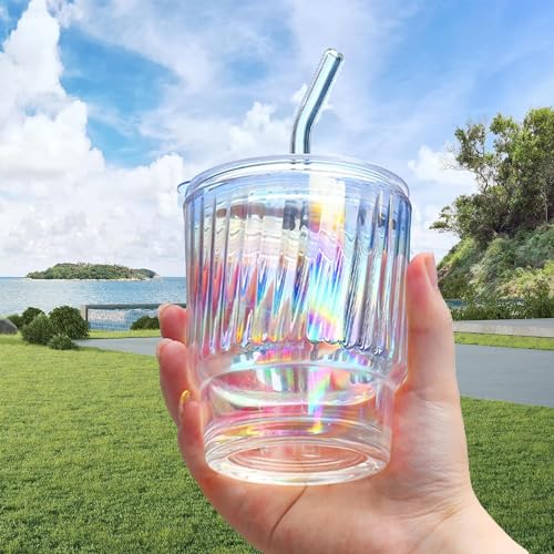 Image of WEZOSHINET Glass Tumblers with Straws and Lids Coffee Sipper Mug with Wide Mouth, Rainbow Glass Drinking Mason for Iced Tea, Juice, Cocktail, Cold & Hot Beverages Cups (Rainbow Stripe Mug /Pack of 1)