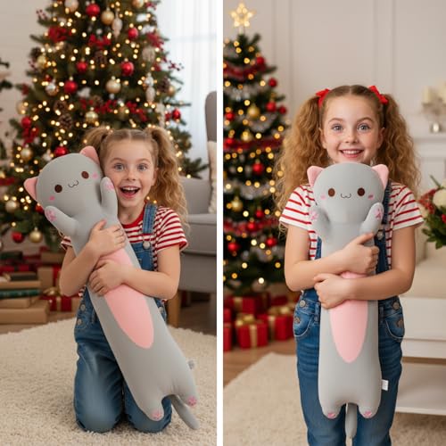 Image of Long Cat Plush Toy - Ultra Soft Cat Plush Pillow Stuffed Animal for Kids & Adults, Kawaii Kitty Body Pillow, Cute Plushie Gift for Kids Girlfriend (Gray, Round Eyes, 60cm /23.62inch)