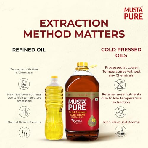 Image of Musta Pure Cold Pressed Kachi Ghani Mustard Oil 2 Litre Cooking Oil, Unrefined, Naturally Cholesterol Free, A1 Grade Real Seeds For Natural Aroma & Flavour For Roasting, Frying, Baking - PET Bottle