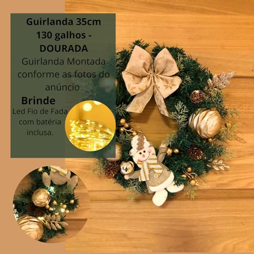 Guirlanda Premium Enfeite de Porta Decorada Laço Feliz Natal 35cm (Dourado)