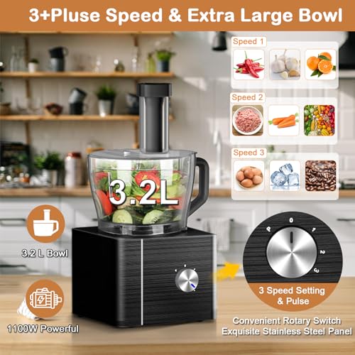 TopStrong Küchenmaschine, 1100W Food Processor, 3.2L Schüssel &1,5L Behälter, Multifunktional mit Hacken, Schneiden, Kneten, Entsaften, 3 Geschwindigkeiten & Pulsfunktion, Schwarz