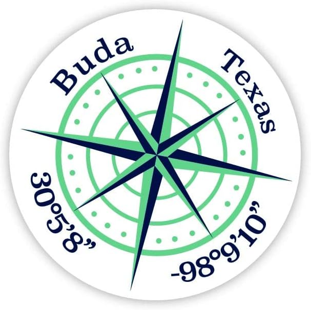 Buda Texas - Calcomanía de vinilo de 4 pulgadas, diseño de brújula de longitud latitud