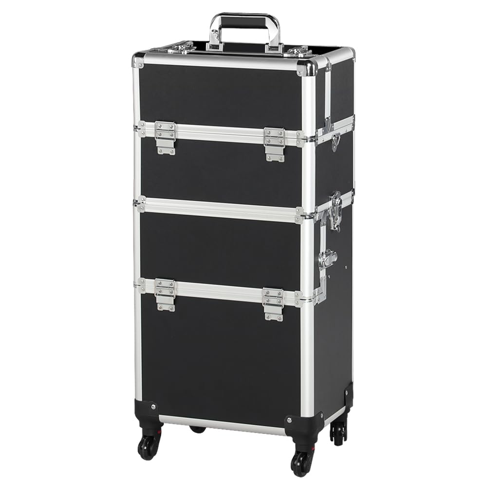 Valigetta Porta Trucchi 3 in 1 Trolley Make Up Beauty Case da Viaggio per Estetista Professionale Grande con Serratura Ruote Girevoli Nero