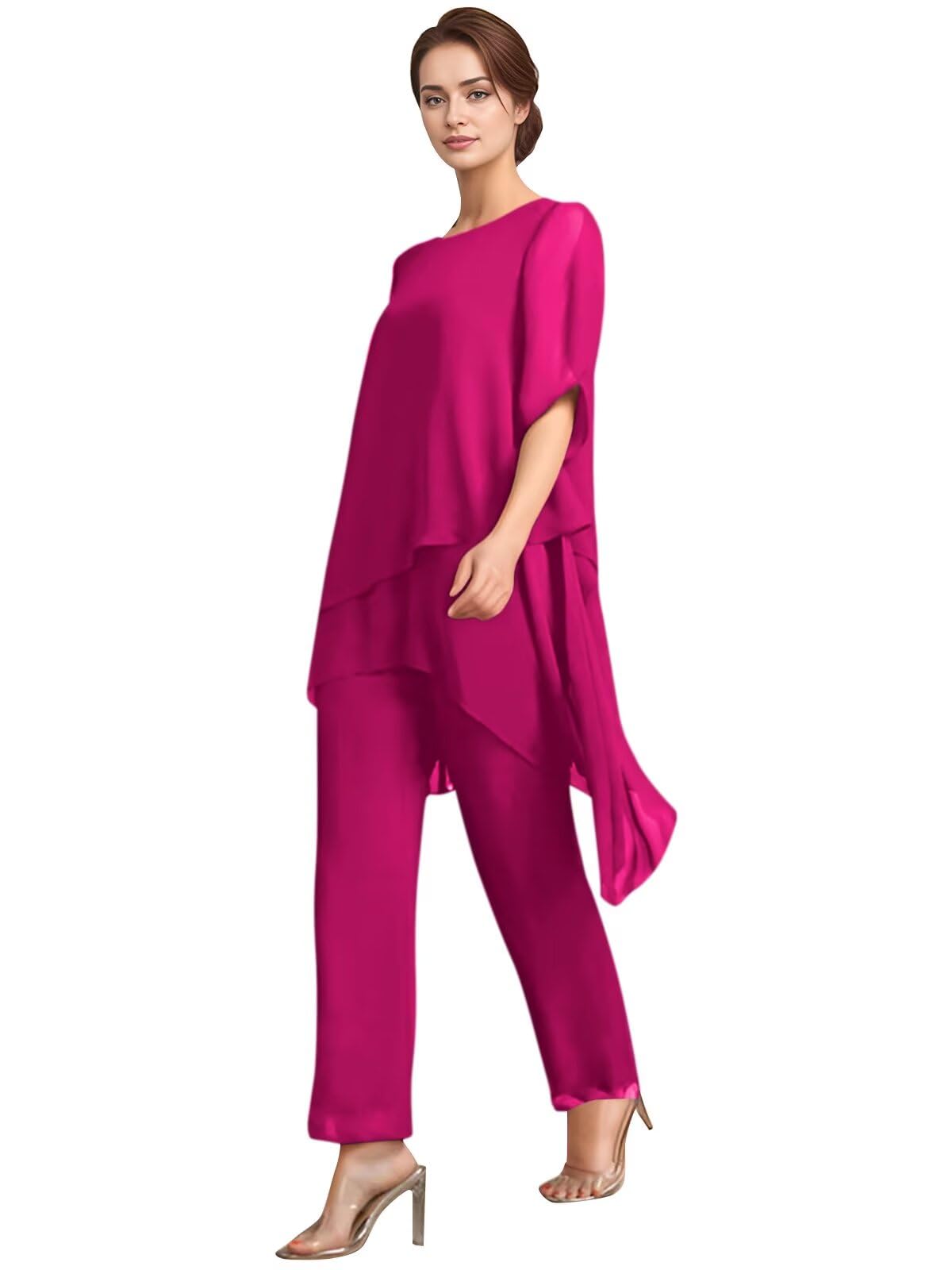 Chiffon Mother of The Bride Pantsuits for Wedding Womens Flutter Sleeves Formal Dressy Outfit