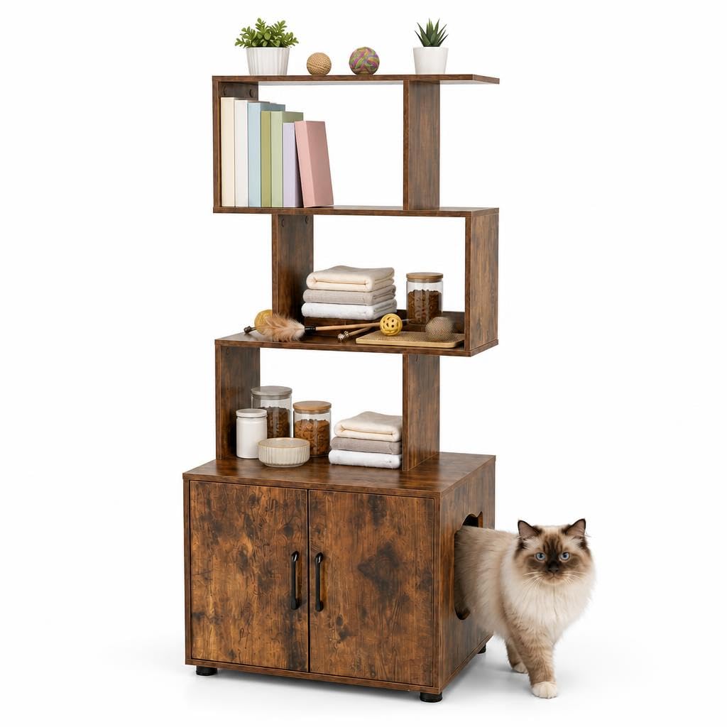GYMAX 2-in-1 Cat Litter Box Enclosure with 3 Open Shelves (Rustic Brown)