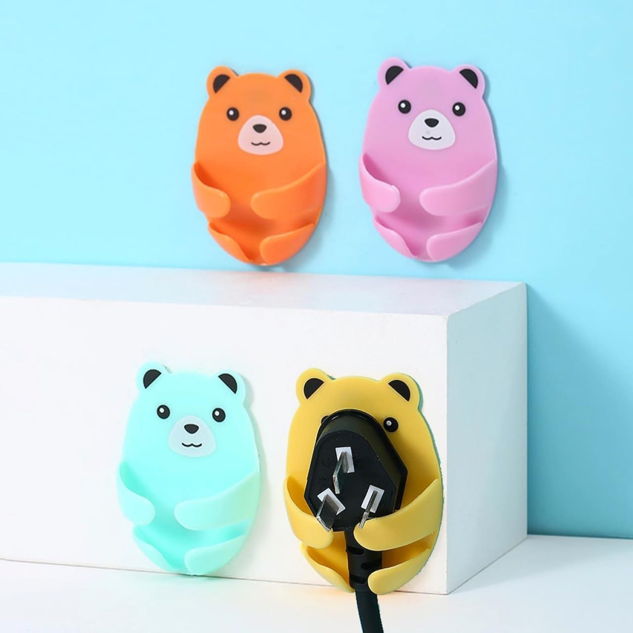 4pcs Wall Storage Hook Bear Plug Bracket � Punch-Free Power Plug Holder & Adhesive Wall Hanger for Kitchen and Bathroom (Multi-Color)-image-14