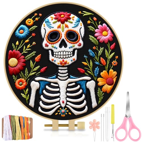 Image of TINDTOP Embroidery Kit for Adult Beginners, Embroidery DIY Starter Kit, with Stamped Patterns, Hoop, Tools, Colorful Threads with Needles, Instructions (Skeleton C)