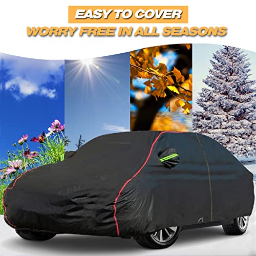 Image of AUQDD 6-Layers PEVA New Material Sedan SUV Full Padded Car Cover Waterproof All Weather Weatherproof UV Sun Protection Snow Dust Storm Resistant Outdoor Exterior Custom Form-Fit Straps 198 inch-208 inch Black