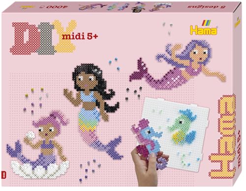 HAMA - coffret cadeau sirènes | env. 4000 perles à repasser | 2 plaques carrées n°234 | 2 gemmes Hama | fiche design couleur, instructions et papier à repasser
