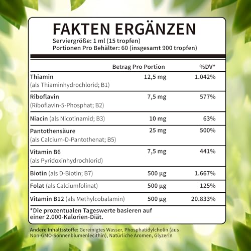 Mommachi Liposomale Vitamin B Komplex Tropfen, Hochdosiert Flüssiges mit alle 8 B-Vitamine (B1, B2, B3, B5, B6, B7, B9, B12), Vegan, Keine Zusatzstoffe, Aktive Vitamin B Formen, 60ml (1 Packung)
