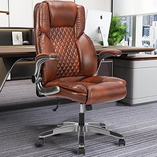 High Back Office Chair- Flip Arms Adjustable Leather Support Task Home Desk Chairs, Executive Computer Desk Chair Work Chairs, Thick Padded Strong Metal Base, Ergonomic Design For Back Pain #TOP9