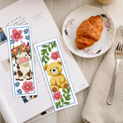 Image of INFUNLY 6PCS DIY Cartoon Animal Cross Stitch Bookmark Kits 8.66 inchx3.15 inch Cute Bear Cow Stamped Embroidery Kits with Instructions Plant Flowers Needlepoint Bookmark Kits for Book Lovers Readers Writers
