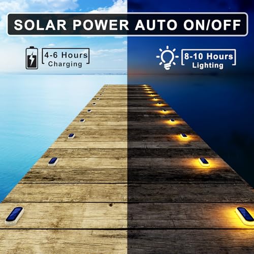 DetarZinLED Solar Step Lights Outdoor Waterproof LED, 4 Pack Warm White Flat Solar Powered Deck Lights for Outside, Stick on Light Bar for Stair, Dock, Patio, Garden, Path, Walkway, Driveway, Porch