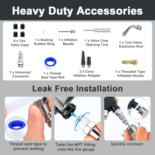 مقياس ضغط الإطارات الرقمي منفاخ مفرغ 200 رطل لكل بوصة مربعة، طقم ضاغط هواء LCD، خرطوم مطاطي شديد التحمل، وصلة سريعة التوصيل صمام مانع للتسرب مع ضوء LED للطوارئ للسيارة والدراجة والكرة والشاحنة