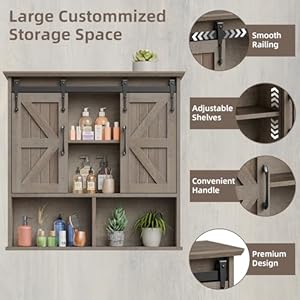 Vabches Bathroom Wall Cabinet Farmhouse Wooden Medicine Cabinet with Double Sliding Barn Door and Adjustable Shelves Farmhouse Storage Cabinet Wall Mounted for Bathroom Kitchen Dining Washed Oak