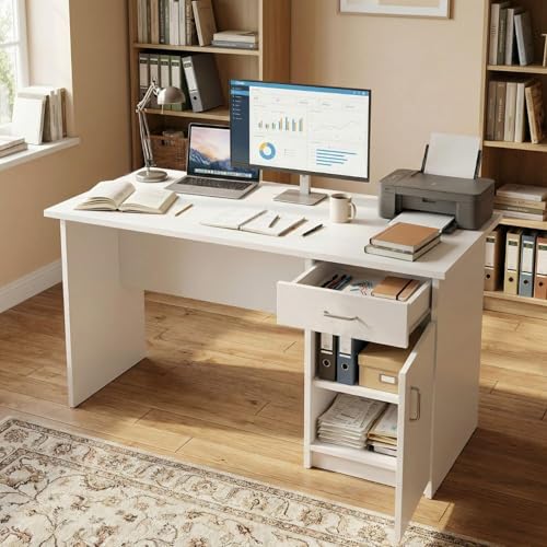 Image of Study Table for Home Wooden Computer Table - Study Desk for Students & Adults, Writing Table, Laptop Desk, Office Work Table for Home, White Finish DIY Assembly