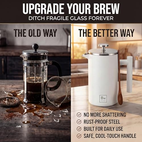 Image of Barista Warrior French Press Coffee Maker - Double-Wall Stainless Steel Insulated French Press with Built-In Thermometer, Dual Filters Coffee Maker with Wooden Spoon - White