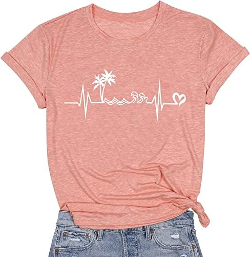 Beach Heartbeat T Shirt for Women Love Heart Graphic Tees Print Shirts Short Sleeve Casual Summer Vacation Tee Tops-Peach XL