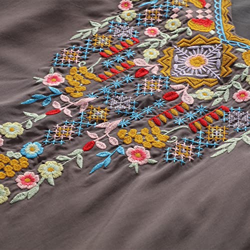 Seasonal Damen Stickerei Bluse Bohemian Herbst Tunika Bestickte Folklore Blusen Hippie Blumenmuster Oberteil 3/4 Arm Lose Tops (Medium, 054-Grau)