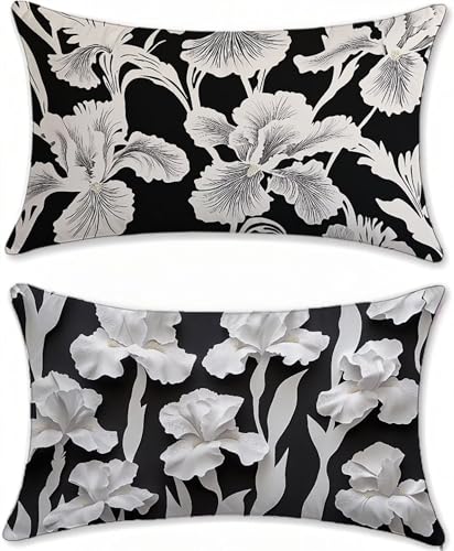 Housse coussin extérieur imperméable 60x90cm noir et blanc lot de 2 fleurs