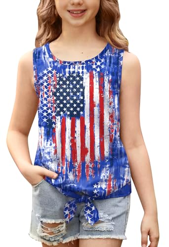 Image of July 4th Girls Patriotic Sleeveless Tie Knot Front Tank Top Stars Stripes Tee Shirt 4-14 Years