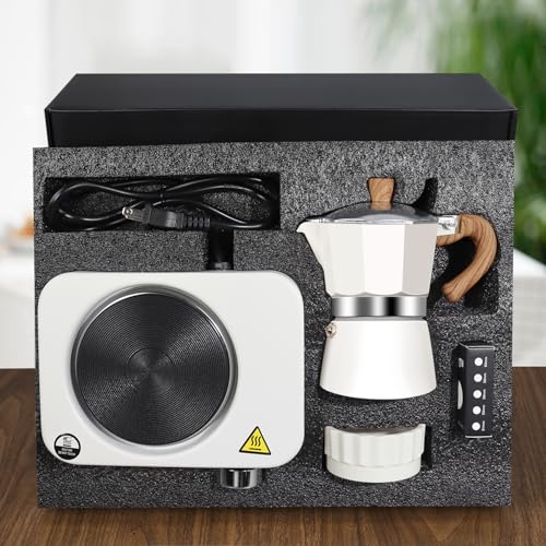 Image of DITOSH 4-in-1 Moka Pot Espresso Set with Electric Stove 3 Cup Aluminum Stovetop Coffee Maker Percolator Italian Classic Mocha Coffee Machine with Powder Dispenser Filter Paper Portable Camping White