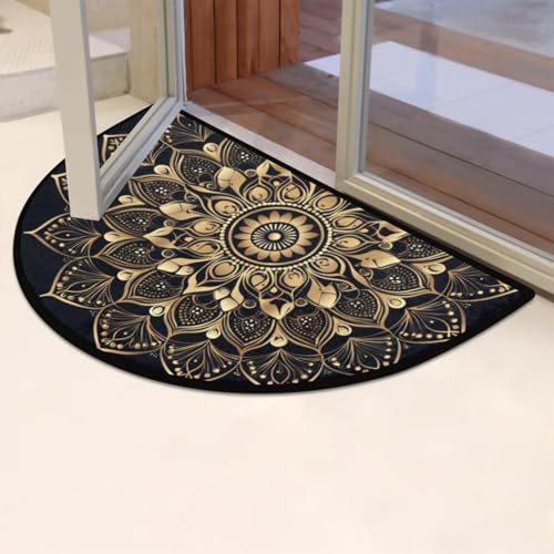 Image of Half Round Doormat Mandala Ethnic Florals Non Slip Half Circle Area Rugs Indoor Washable Half Moon Rug Semi Circle Bathroom Runner Mat Entrance Floor Carpet for Kithen Bedroom Fireplace Decor