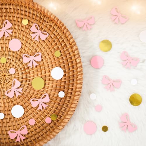 Image of Whaline 300 Pcs Pink Bow Table Confetti Cute Bowknot Dot Shaped Confetti Pink Gold White Table Centerpieces for Coquette Birthday Party Decoration