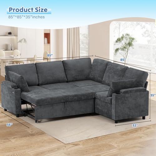 Image of 85 inch Chenille Sectional Sofa w /Pull Out Bed & Storage Space, Grey | Upholstery L Shaped Couch w /Cup Holders, Modern Corner Sofa w /USB Charging Port & Throw Pillow for Living Room