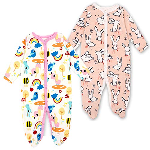 Monvecle Baby Girl 2pcs Pack Cotton Long Sleeve Footed Bodysuit Sleeper Pajama Romper Pink 12M