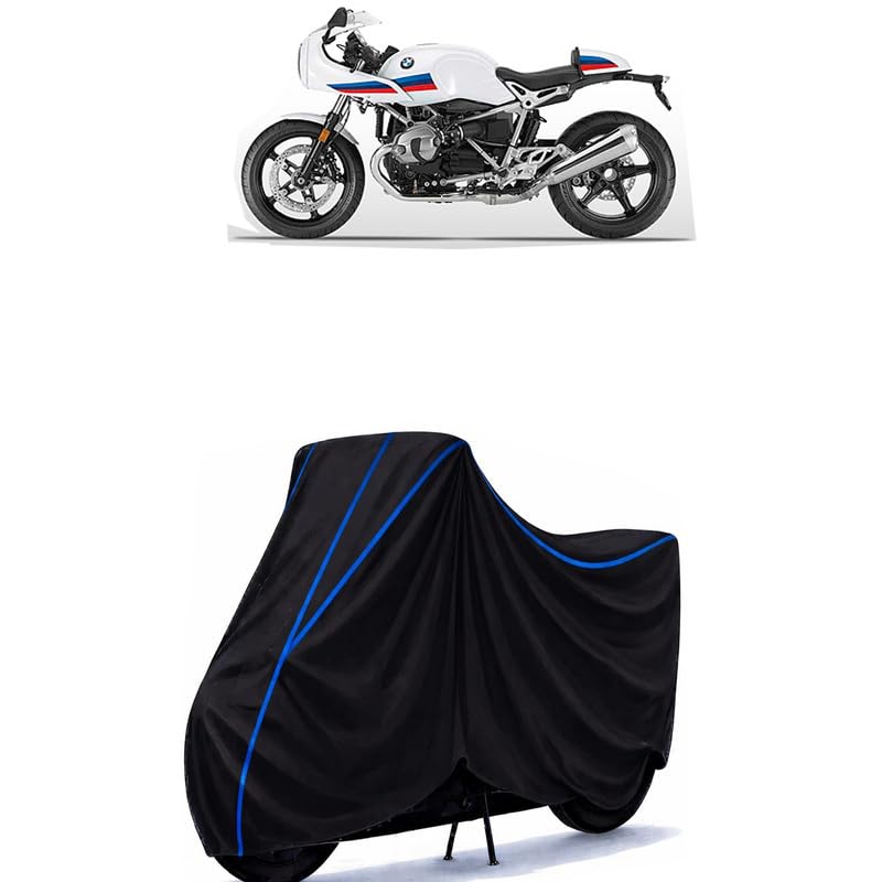 Image of R nineT Racer Bike Cover Water Resistant Universal Motorcycle Rain | Heavy Duty UV Protection, Dust, Scratch Indoor Outdoor All Weather with Black Blue Piping Elastic